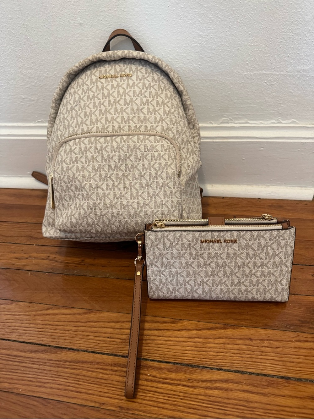 Bundle: Michael Kors Cream & Tan Signature MK Backpack with Matching Wristlet